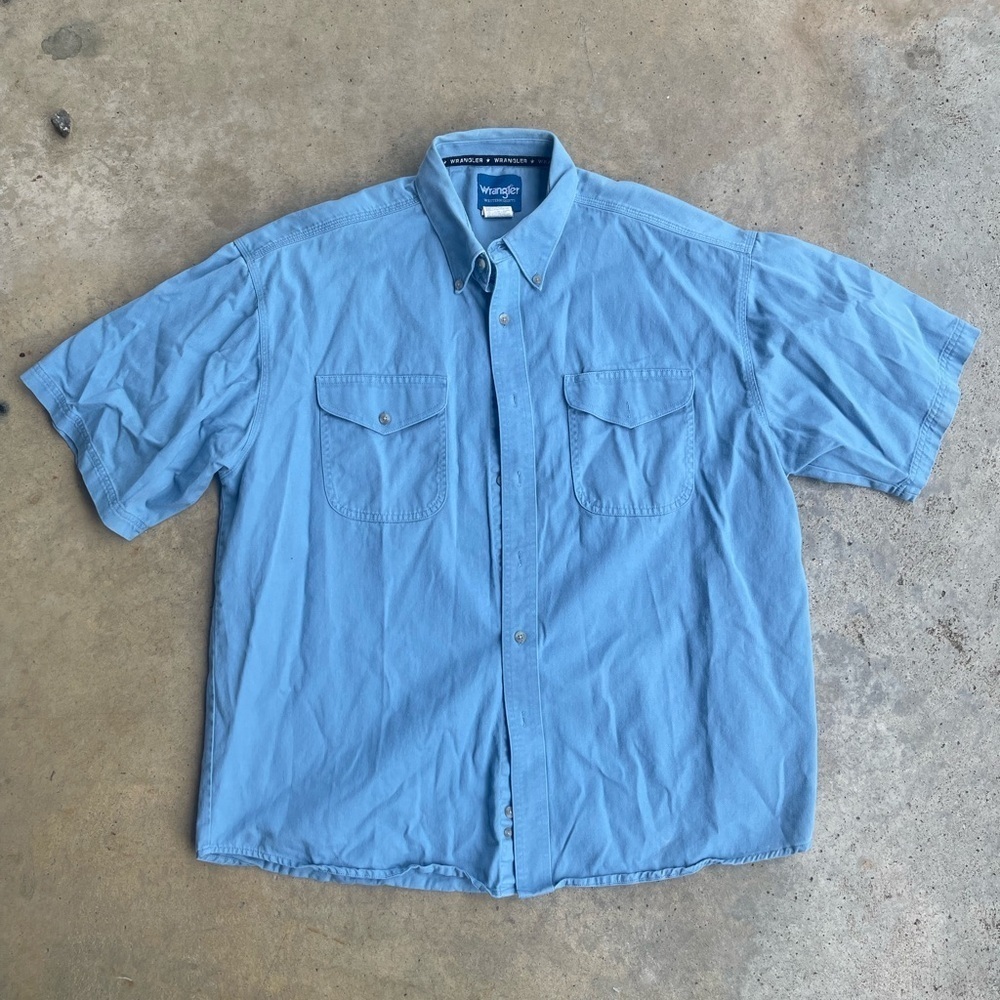 Wrangler Short Sleeve Button Down Shirt Mens XL Light Blue Heavy Cotton Y2K